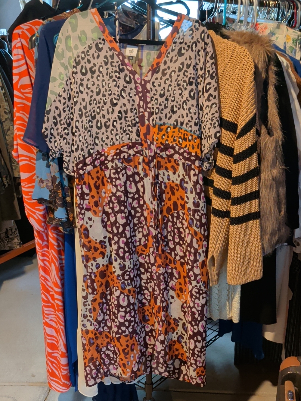 CAbi Multicolor Animal Print V‑Neck Dress in Orange, Purple & Cream